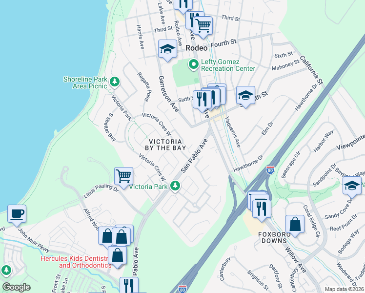 map of restaurants, bars, coffee shops, grocery stores, and more near 1033 Lantern Bay in Hercules