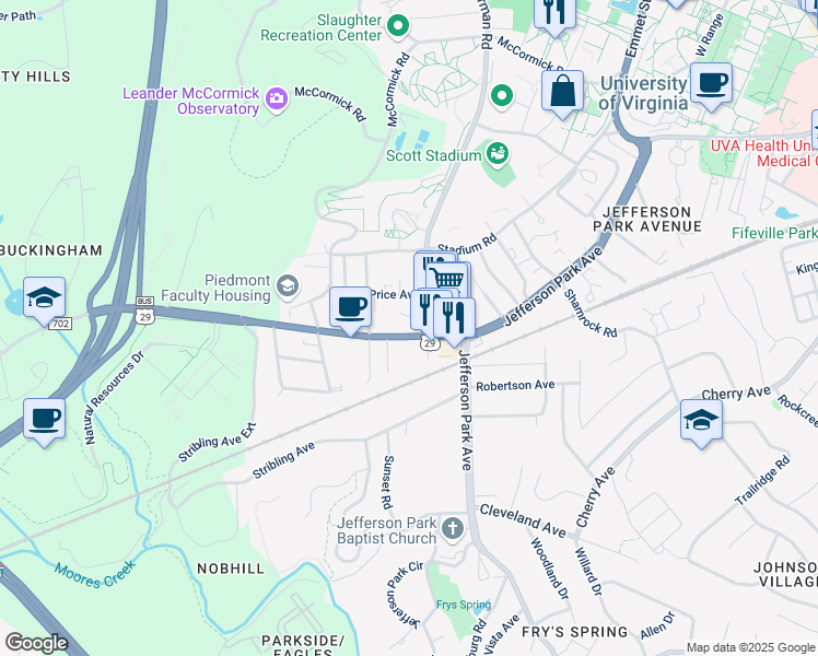 map of restaurants, bars, coffee shops, grocery stores, and more near 2307 Fontaine Avenue in Charlottesville
