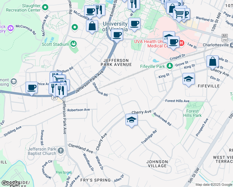 map of restaurants, bars, coffee shops, grocery stores, and more near 232 Shamrock Road in Charlottesville