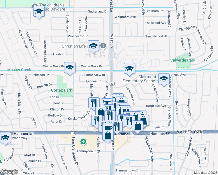 map of restaurants, bars, coffee shops, grocery stores, and more near 8314 New York Drive in Stockton