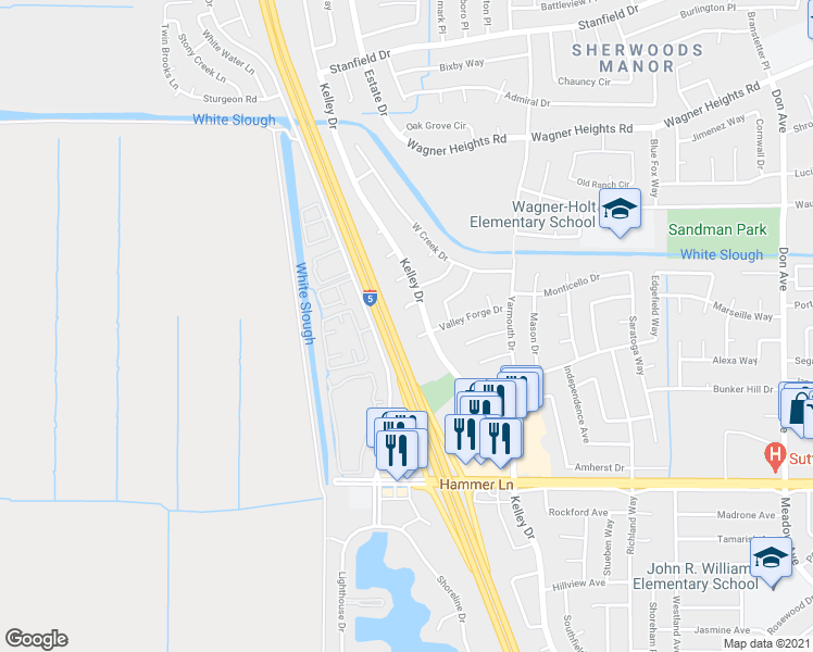 map of restaurants, bars, coffee shops, grocery stores, and more near 8537 Kelley Drive in Stockton
