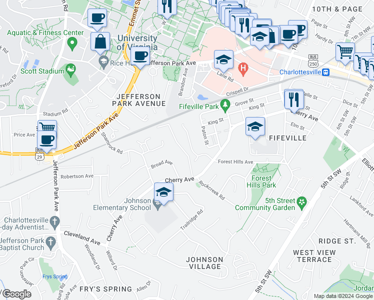 map of restaurants, bars, coffee shops, grocery stores, and more near 402 Valley Road Extension in Charlottesville