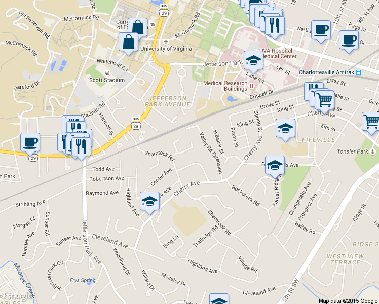 map of restaurants, bars, coffee shops, grocery stores, and more near 116 Thomas Drive in Charlottesville