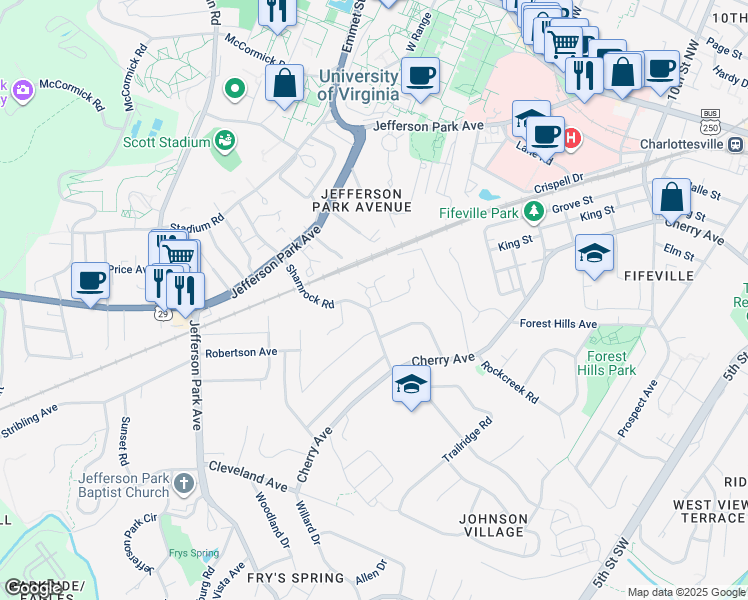 map of restaurants, bars, coffee shops, grocery stores, and more near 108a David Terrace in Charlottesville