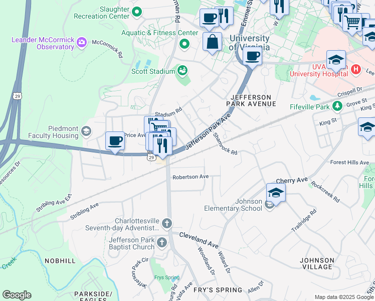 map of restaurants, bars, coffee shops, grocery stores, and more near in Charlottesville