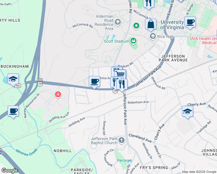 map of restaurants, bars, coffee shops, grocery stores, and more near 2311 Fontaine Avenue Extension in Charlottesville