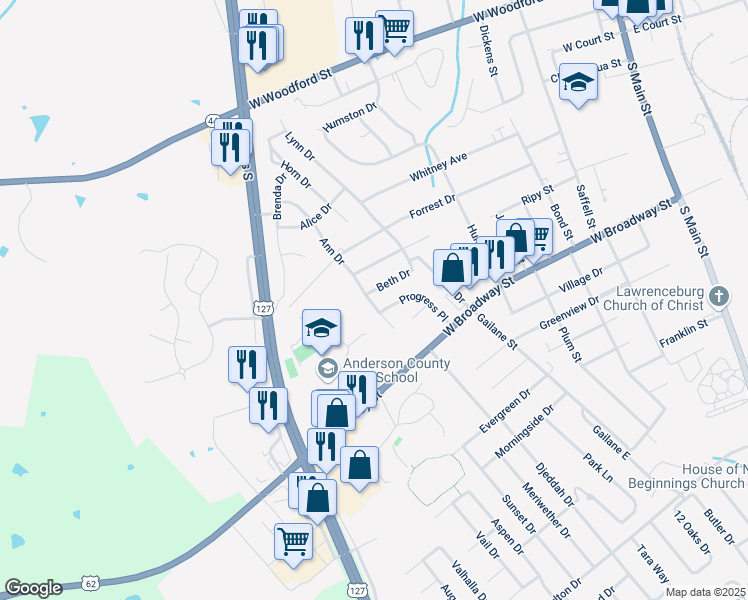 map of restaurants, bars, coffee shops, grocery stores, and more near 108 Beth Drive in Lawrenceburg