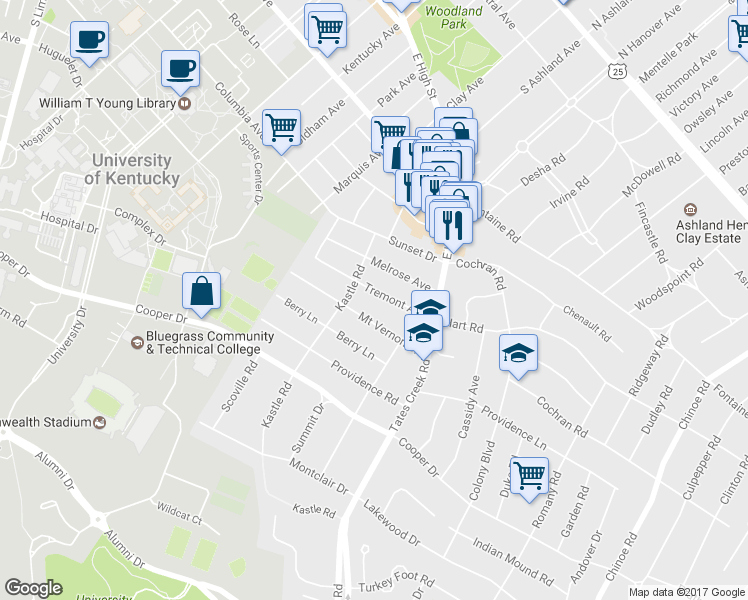 map of restaurants, bars, coffee shops, grocery stores, and more near 820 Tremont Ave in Lexington