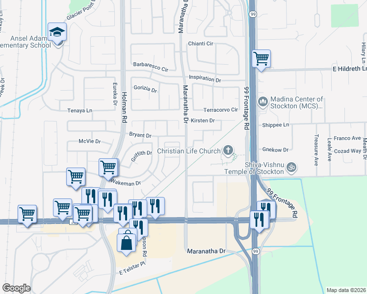 map of restaurants, bars, coffee shops, grocery stores, and more near 8177 Shay Circle in Stockton