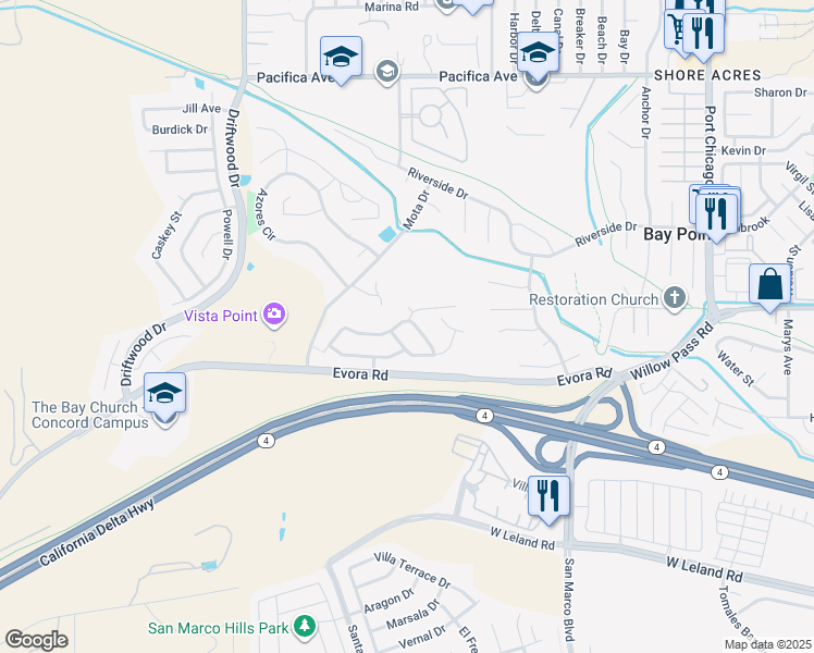 map of restaurants, bars, coffee shops, grocery stores, and more near 335 Rapallo Lane in Bay Point