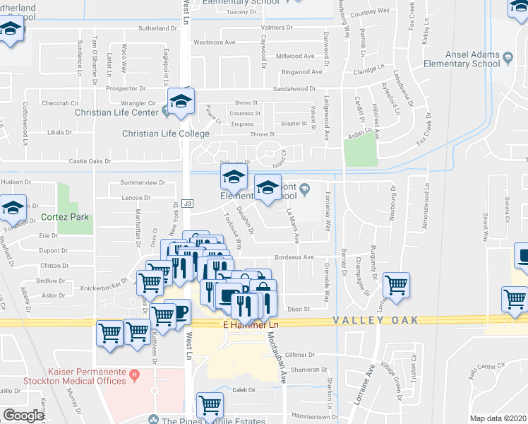 map of restaurants, bars, coffee shops, grocery stores, and more near 8370 Chevalier Way in Stockton