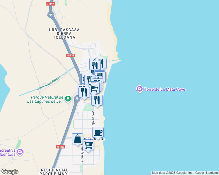 map of restaurants, bars, coffee shops, grocery stores, and more near 7 Calle la Sal in La Mata