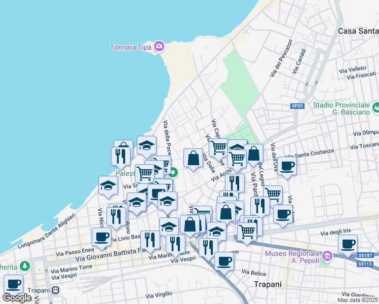map of restaurants, bars, coffee shops, grocery stores, and more near 41 Via Valenza Benedetto in Trapani