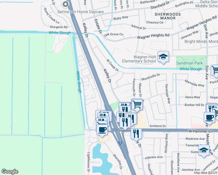 map of restaurants, bars, coffee shops, grocery stores, and more near 8509 Kelley Drive in Stockton