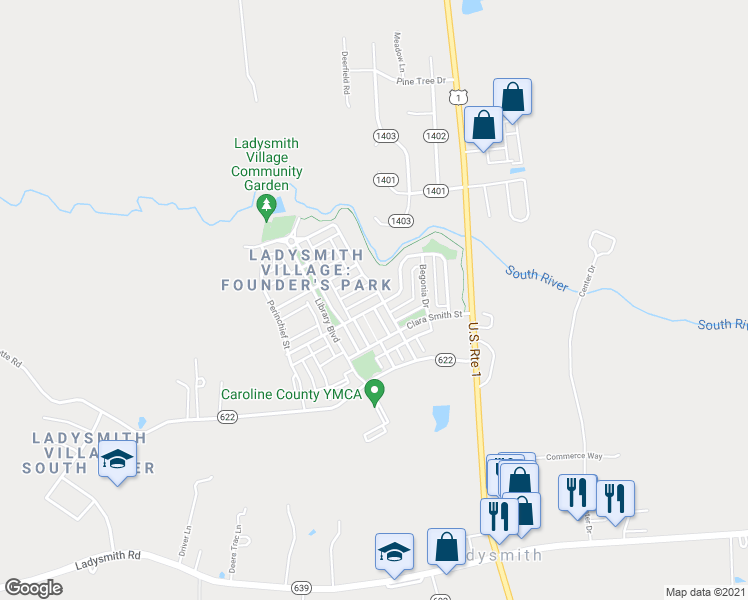 map of restaurants, bars, coffee shops, grocery stores, and more near 7235 Azalea Drive in Ruther Glen