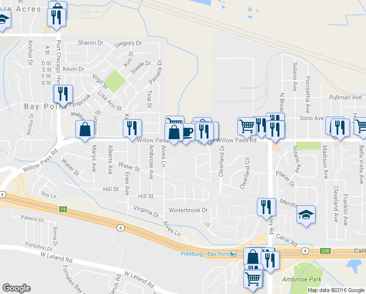 map of restaurants, bars, coffee shops, grocery stores, and more near 3103 Willow Pass Rd in Bay Point