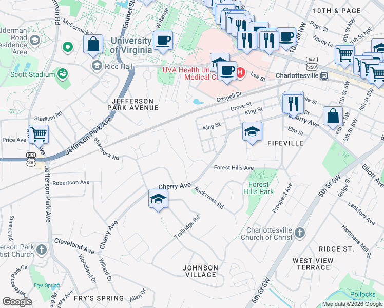 map of restaurants, bars, coffee shops, grocery stores, and more near 102 North Baker Street in Charlottesville