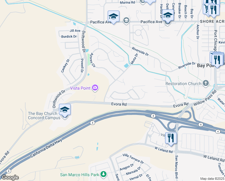 map of restaurants, bars, coffee shops, grocery stores, and more near 2024 Rapallo Way in Bay Point