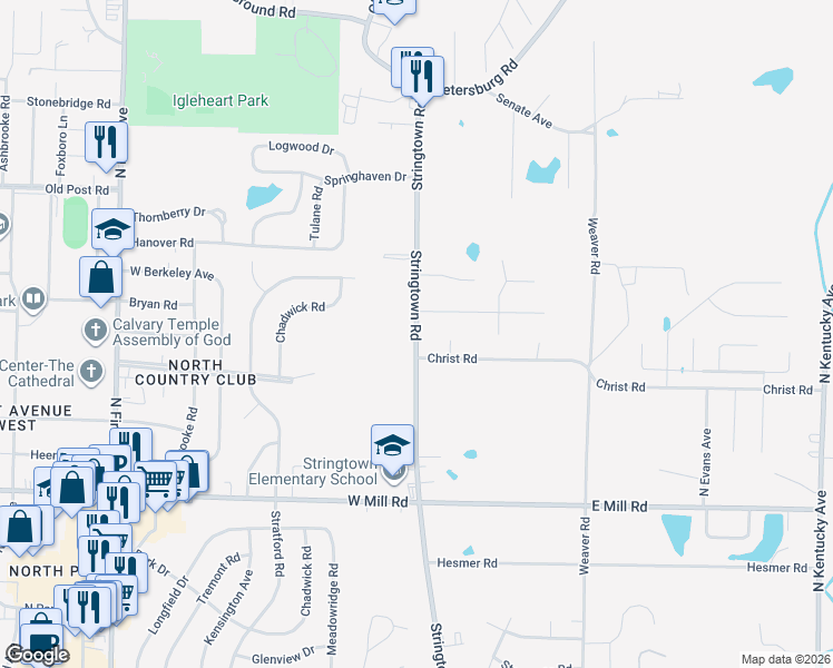 map of restaurants, bars, coffee shops, grocery stores, and more near 5118 Stringtown Road in Evansville