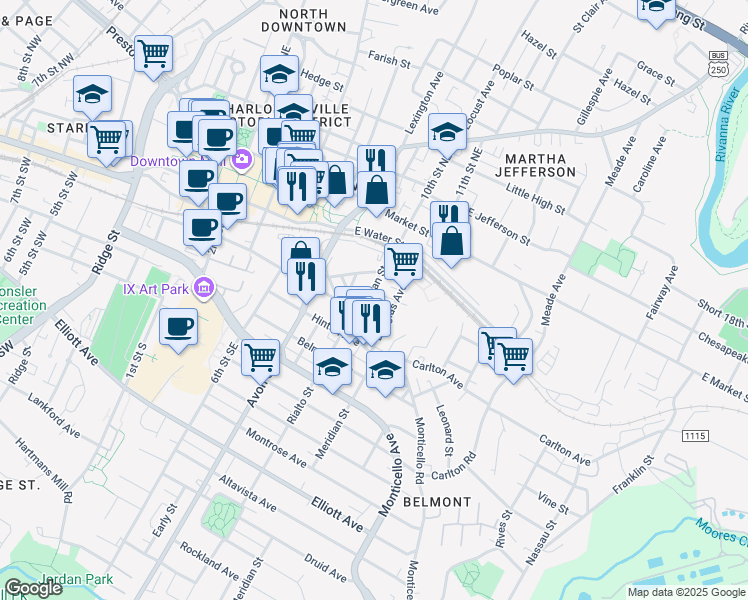 map of restaurants, bars, coffee shops, grocery stores, and more near 129 Goodman Street in Charlottesville