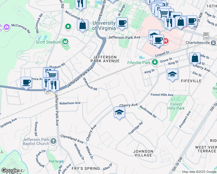 map of restaurants, bars, coffee shops, grocery stores, and more near 108a David Terrace in Charlottesville