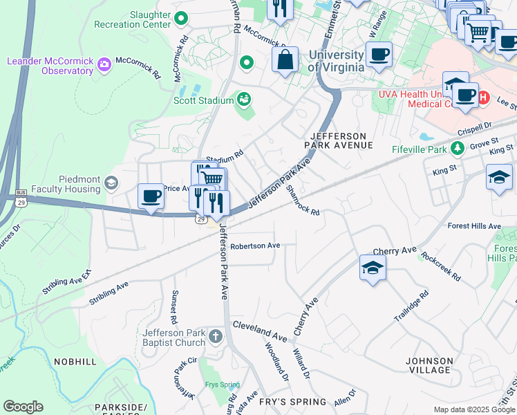 map of restaurants, bars, coffee shops, grocery stores, and more near in Charlottesville