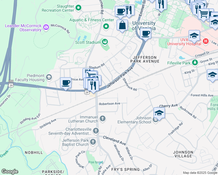map of restaurants, bars, coffee shops, grocery stores, and more near in Charlottesville
