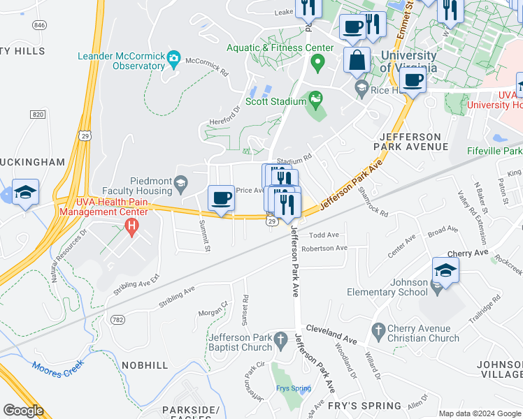 map of restaurants, bars, coffee shops, grocery stores, and more near 2311 Fontaine Avenue Extension in Charlottesville