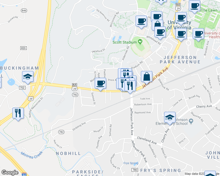 map of restaurants, bars, coffee shops, grocery stores, and more near 2311 Fontaine Avenue Extension in Charlottesville