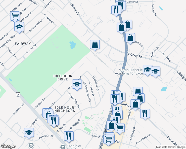 map of restaurants, bars, coffee shops, grocery stores, and more near 2021 Saint Michael Drive in Lexington