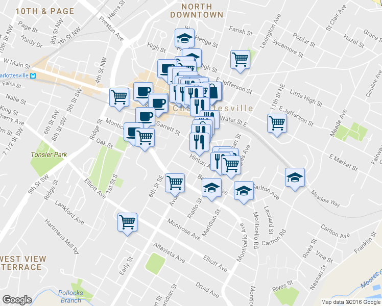 map of restaurants, bars, coffee shops, grocery stores, and more near 623 Hinton Avenue in Charlottesville
