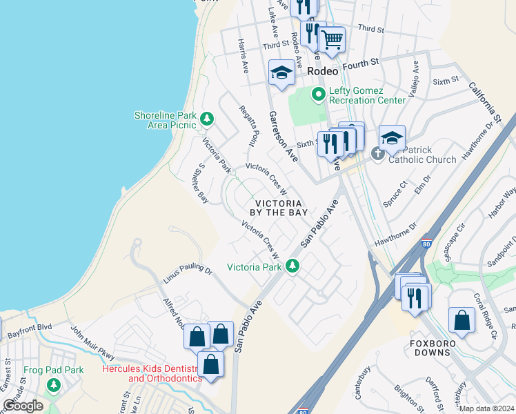 map of restaurants, bars, coffee shops, grocery stores, and more near 127 Trellis Bay in Hercules