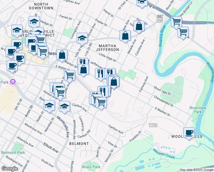 map of restaurants, bars, coffee shops, grocery stores, and more near 1208 East Market Street in Charlottesville