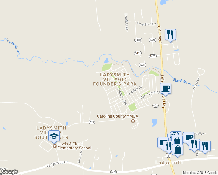 map of restaurants, bars, coffee shops, grocery stores, and more near 7121 Conway Place in Ruther Glen