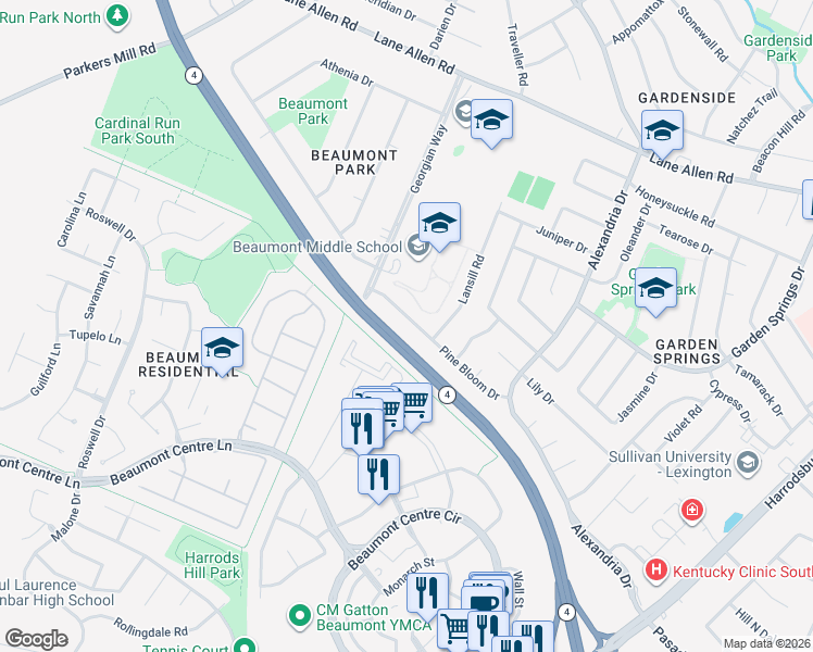 map of restaurants, bars, coffee shops, grocery stores, and more near 1018 Pine Bloom Drive in Lexington