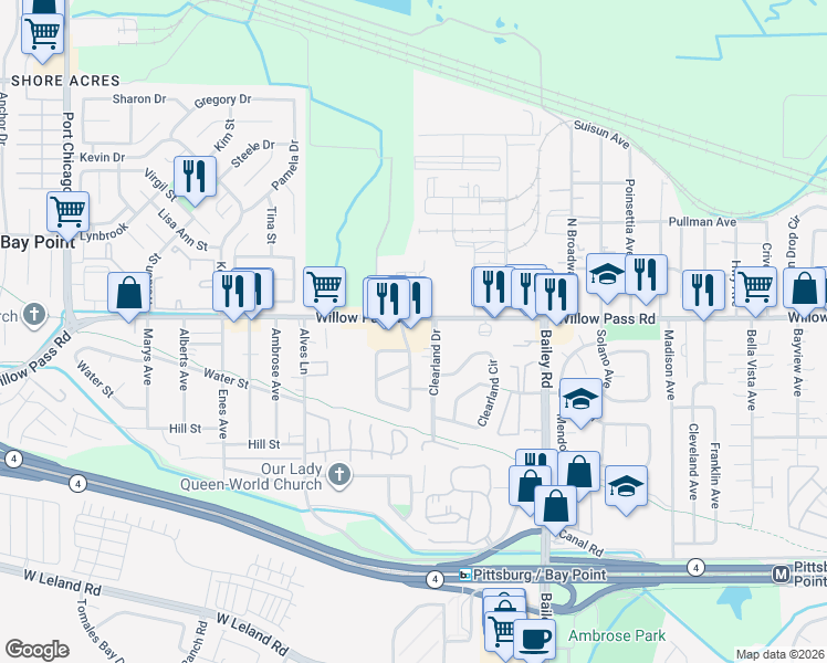 map of restaurants, bars, coffee shops, grocery stores, and more near 2947 Willow Pass Road in Bay Point