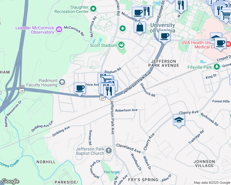 map of restaurants, bars, coffee shops, grocery stores, and more near 2111 U.S. 29 Business in Charlottesville