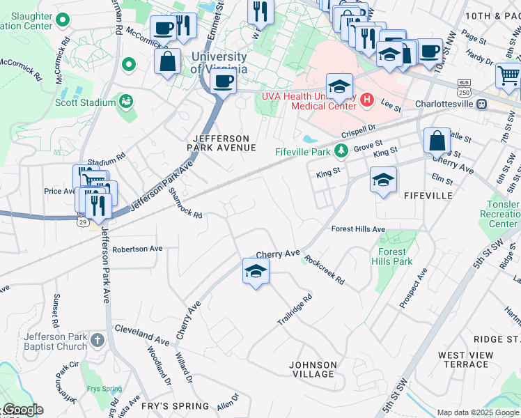 map of restaurants, bars, coffee shops, grocery stores, and more near 116 Thomas Dr in Charlottesville