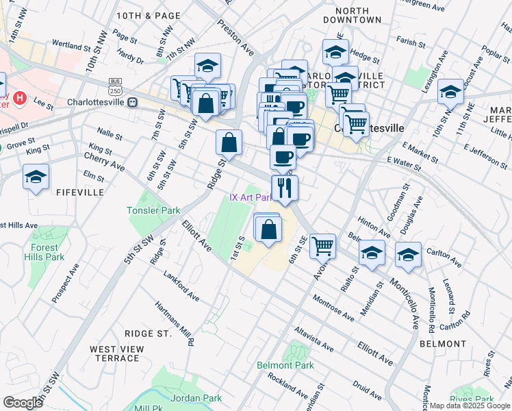 map of restaurants, bars, coffee shops, grocery stores, and more near in Charlottesville