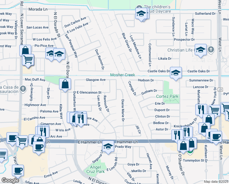 map of restaurants, bars, coffee shops, grocery stores, and more near 8341 Berwick Way in Stockton