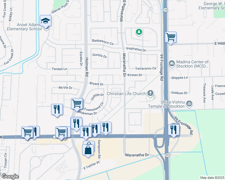 map of restaurants, bars, coffee shops, grocery stores, and more near 8118 Shay Circle in Stockton