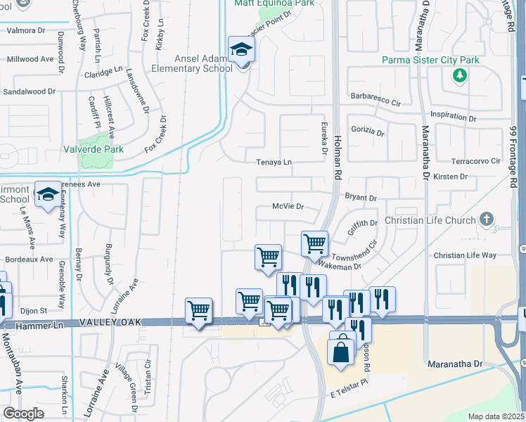 map of restaurants, bars, coffee shops, grocery stores, and more near 3118 McVie Drive in Stockton