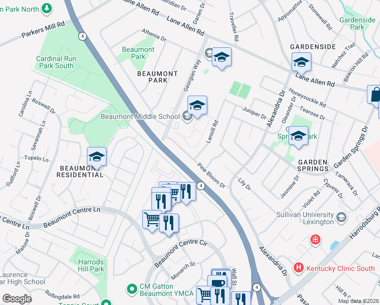 map of restaurants, bars, coffee shops, grocery stores, and more near 1018 Pine Bloom Drive in Lexington