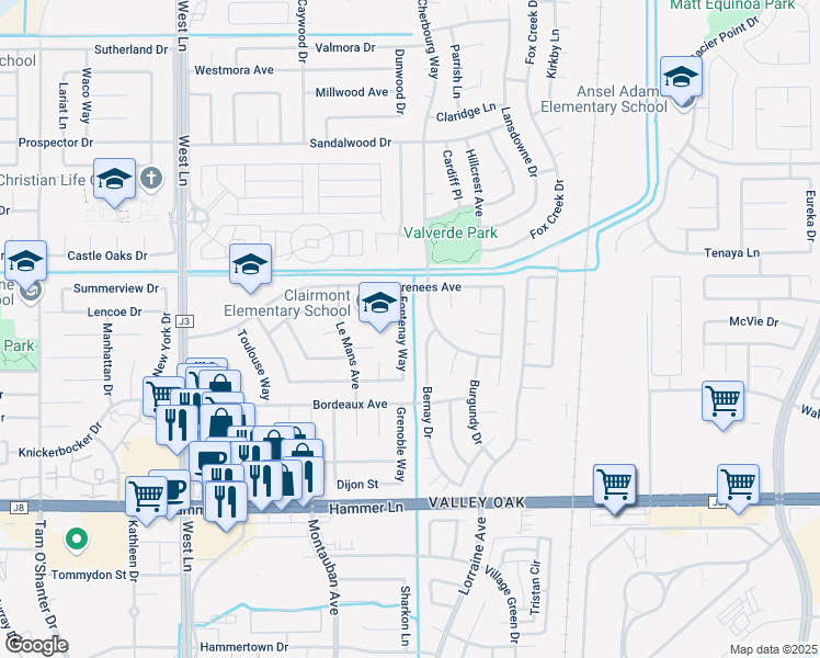 map of restaurants, bars, coffee shops, grocery stores, and more near 8368 Fontenay Way in Stockton
