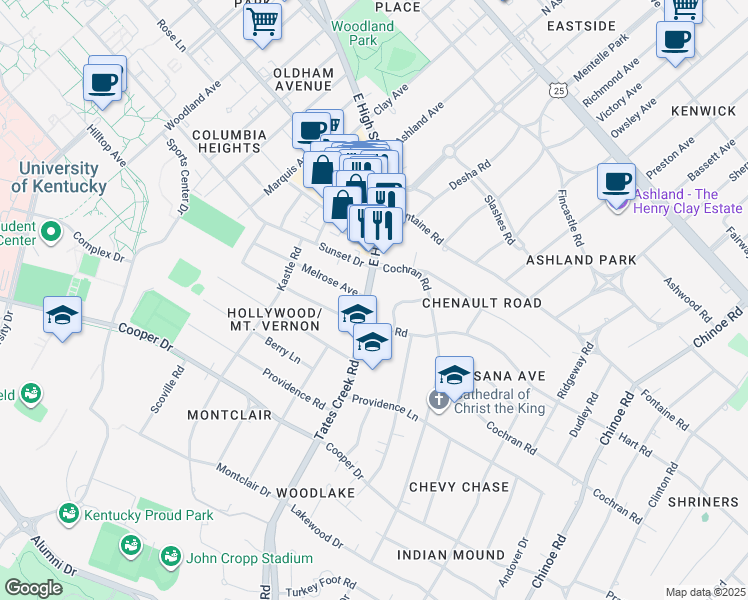 map of restaurants, bars, coffee shops, grocery stores, and more near 1005 Kentucky 1974 in Lexington