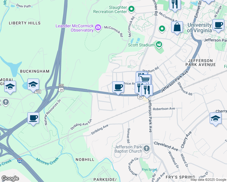 map of restaurants, bars, coffee shops, grocery stores, and more near 124 Mimosa Drive in Charlottesville