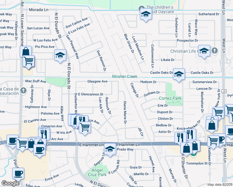 map of restaurants, bars, coffee shops, grocery stores, and more near 8341 Berwick Way in Stockton