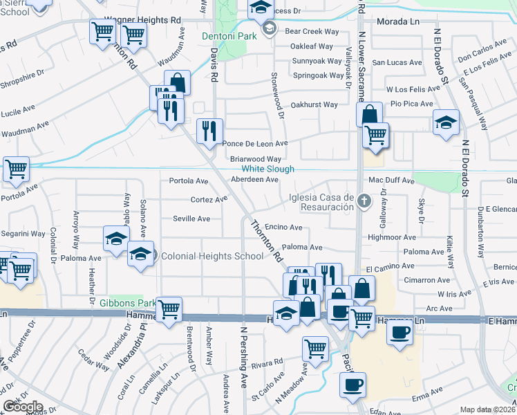 map of restaurants, bars, coffee shops, grocery stores, and more near 8402 Roxburgh Way in Stockton