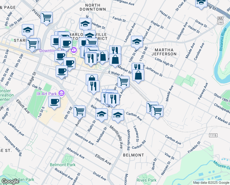 map of restaurants, bars, coffee shops, grocery stores, and more near 129 Goodman Street in Charlottesville