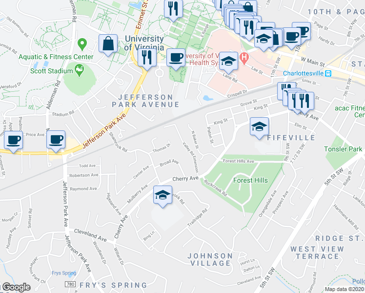 map of restaurants, bars, coffee shops, grocery stores, and more near 402 Valley Road Extension in Charlottesville